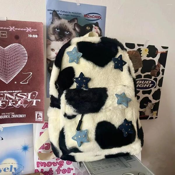 Borse da scuola Zaino Pentagramma Y2k Ragazza carina Grande capacità Harajuku Stampa leopardata Studente Femmina Peluche Nicchia Sottocultura versatile