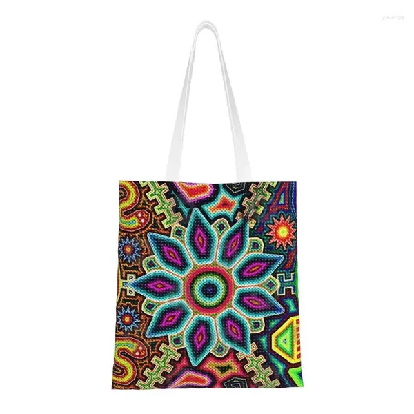 Sacos de compras Bonito Impresso Huichol Xadrez México Art Tote Reciclagem Canvas Shopper Bolsa de Ombro