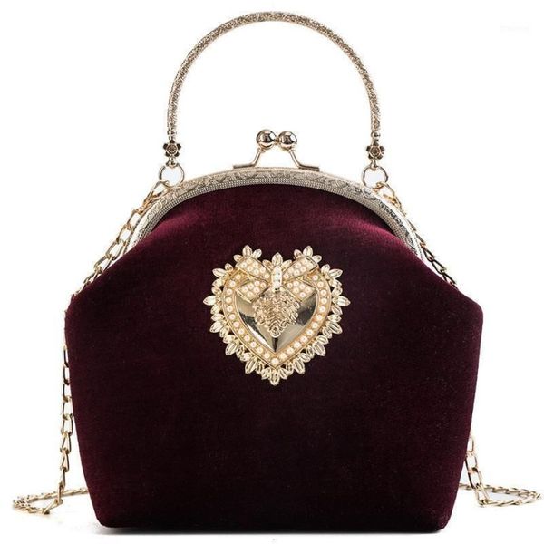 Abendtaschen 2021 Femme Retro Samt Perle Handtasche Vintage Velour Herz Design Tasche Hochzeit Party Braut Kupplung Abzeichen Geldbörse259u