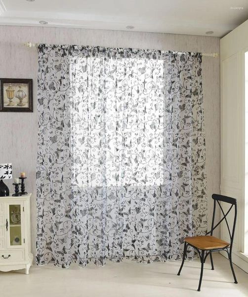 Cortina 100 200cm Peônia Flor/Borboleta Janela Voile Sheer Tulle Drape Valance Preto/Café