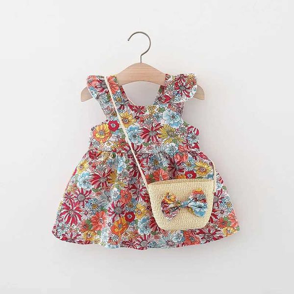 Vestidos da menina verão bebê meninas vestido novo vintage jardim flor voando manga vestido com palha bagl2402