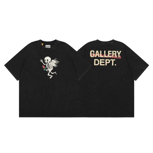 GALERIA Rose Skull Angel Print Marca de moda unissex camiseta de manga curta lavada hip hop tendência de dança de rua