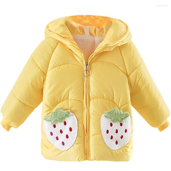 Casaco de inverno para bebês, jaqueta acolchoada de algodão com capuz, quente para meninas, bolso de morango, roupa de neve à prova de vento