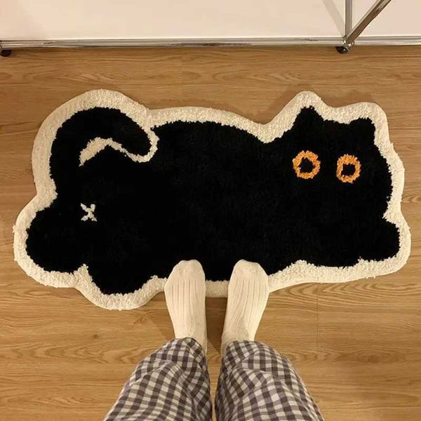 Badematten Niedliche schwarze Katze Nachahmung Kaschmir Teppich Home Schlafzimmer Nachtdecke Fußmatte Cartoon Wohnzimmer Couchtisch Matte