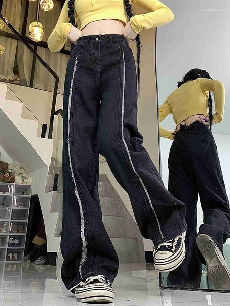 Jeans femininos preto para mulheres calças jeans borla listrado cintura alta streetwear perna larga moda vintage mop reto