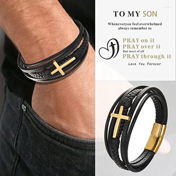 Charme pulseiras multicamadas mão tecida corda de couro pulseira de cruz de aço inoxidável para homens fecho magnético