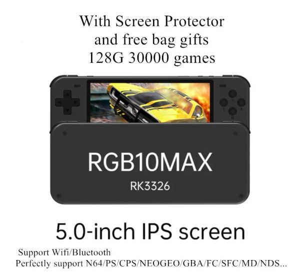 Jogadores Powkiddy RGB10 MAX 5 polegadas IPS RETRO RETRO CONSELHO DE JOGO DE MOLHO PARA PSP N64 PS NDS Pocket Video Player 128G 30000 Games