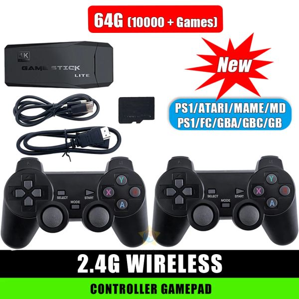 Players Wireless Video Game Console 2.4g 4K HD TV Controller Retro 64GB 10000 Gamepads Retro GamePads Player para PS1/GBA/MD/SNES presente