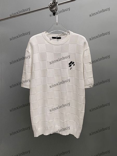 Xinxinbuy Homens designer Tee camiseta 2024 Chessboard pin tecido de malha de manga curta de algodão feminino Cinza preto branco S-XL
