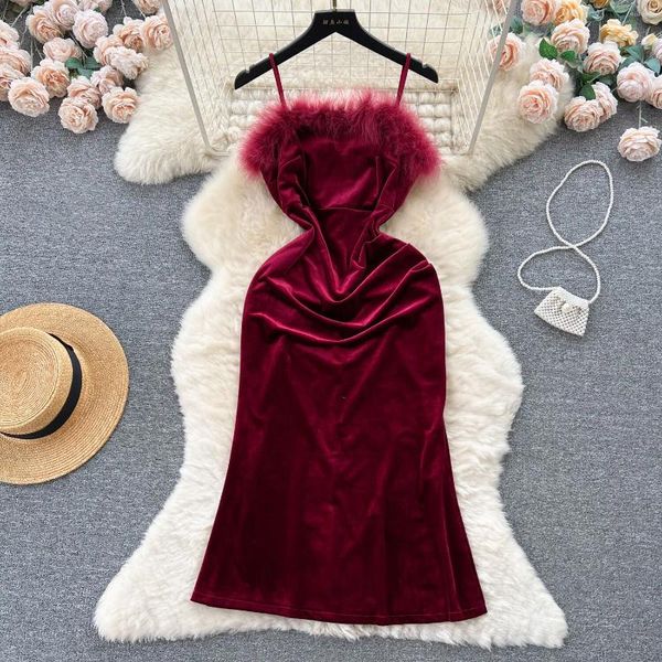 Casual Kleider Fleece Patchwork Rot Samt Kleid Für Frauen Weihnachten Party Sexy Hepburn Stil Abnehmen Fit Taille Close Abend prom Strap