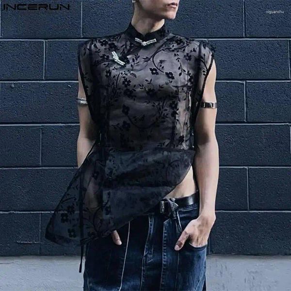 Homens Tank Tops Incerun 2024 Estilo Chinês Malha Transparente Fivela Design Coletes Lazer Moda Masculino Fino Stand Pescoço Colete S-5XL