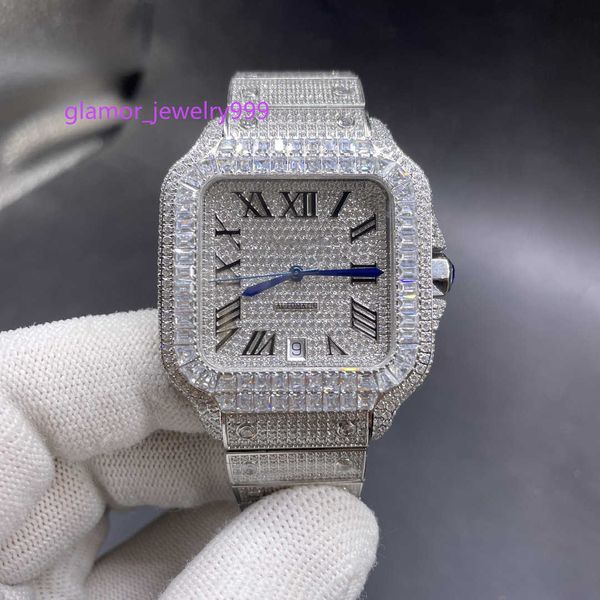 Iced Out Herrenuhr mit vollem Diamantengehäuse, Baguettesteinen, Lünette, Diamanten und römischem Zifferblatt, automatische Herrenuhr, glänzend, luxuriöse, diamantbesetzte Uhr