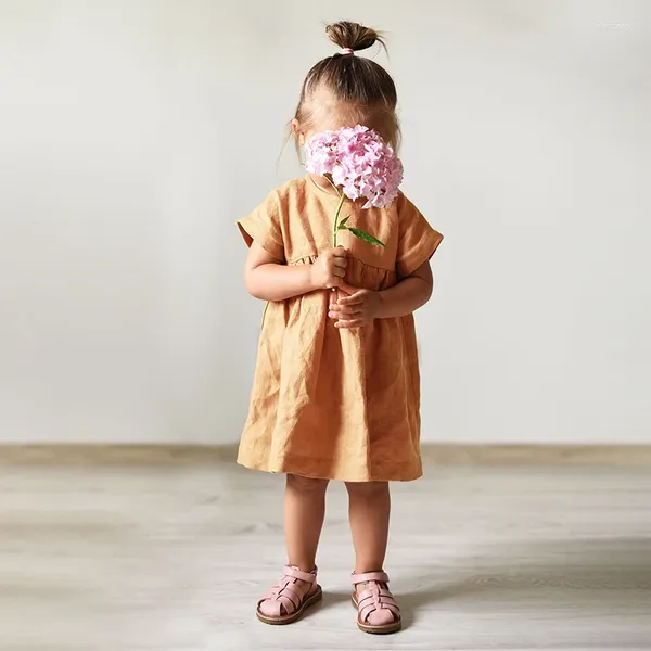 Mädchen Kleider Mädchen Kurzarm Kleid 2024 Sommer Koreanische Kinder Baumwolle Und Leinen Prinzessin Literarische Kinder Kleidung der TZ03