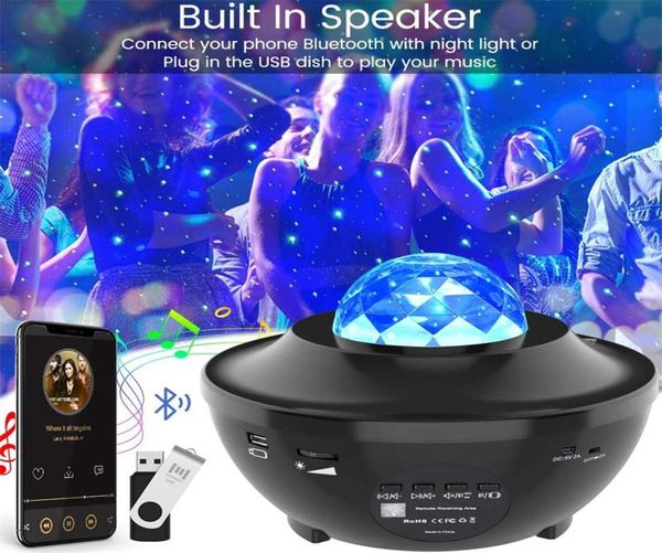 Star Projector Night Light Projector Ocean Wave Projektör Baby çocuklar için Bluetooth Müzik Hoparlörlü Yatak Odası Game Roomshome3564323