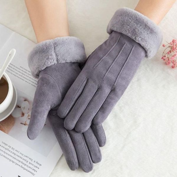 Guanti a cinque dita invernali donna doppio spessore peluche polso caldo cashmere guanti da ciclismo carino donna touch screen in pelle scamosciata Dri283o