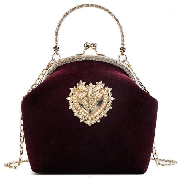 Abendtaschen 2021 Femme Retro Samt Perle Handtasche Vintage Velour Herz Design Tasche Hochzeit Party Braut Kupplung Abzeichen Geldbörse2260