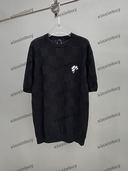 Xinxinbuy masculino designer camiseta 2024 xadrez pino tecido de malha manga curta algodão feminino cinza preto branco S-3XL