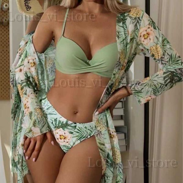 Costumi da bagno da donna Costumi da bagno Nuova stampa Manica lunga Sexy Abito in tre pezzi a rete Bikini T240229