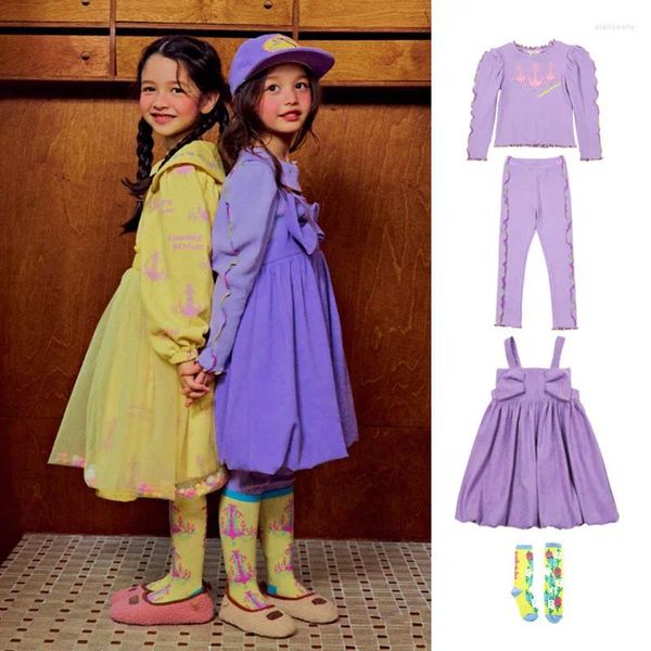 Abiti per ragazze Abiti per ragazze 2024 Autunno Viola Fiocco per bambini Cinturino in cotone Cartone animato Moda Camicia che fondo Abito Abbigliamento per bambini