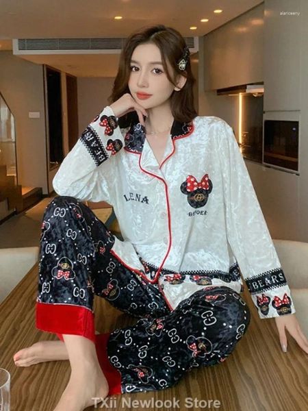 Pijamas femininos txii outono inverno ouro veludo pijama terno turn-down colarinho calças casa roupas high-end