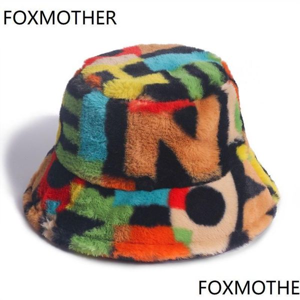 Ampla borda chapéus balde foxmother ao ar livre mticolor arco-íris faux pele carta padrão mulheres inverno macio quente gorros mujer entrega entrega dh1f4