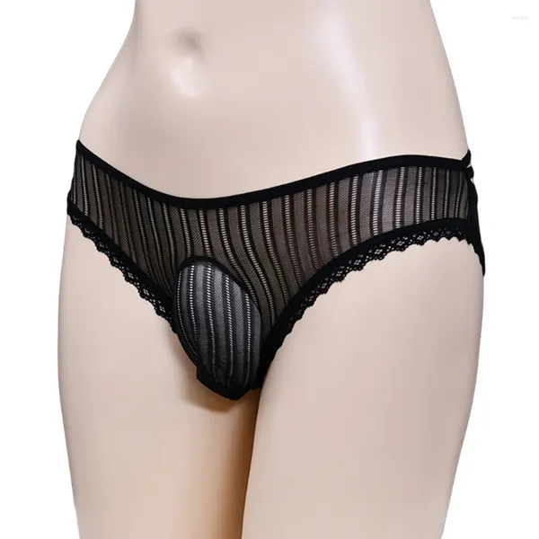 Cuecas sexy homens sissy briefs rendas bulge bolsa calcinha ultra-fino transparente transparente roupa interior baixa ascensão oco lingerie erótica tanga