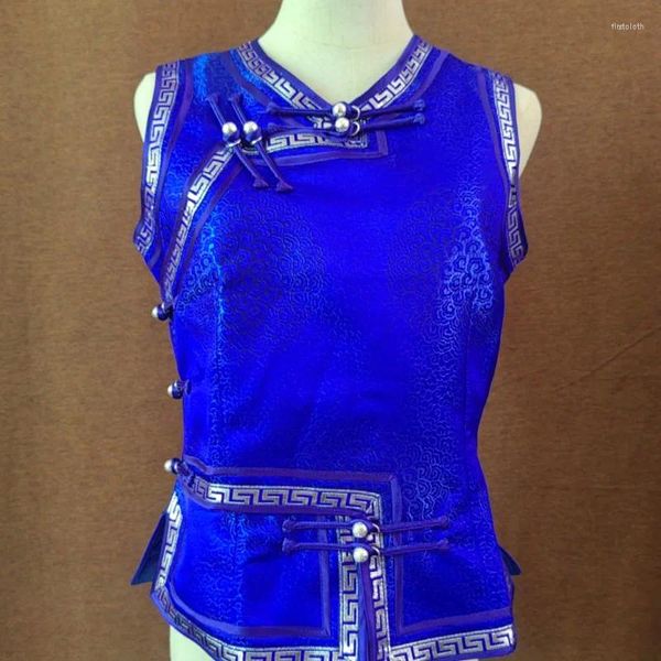 Gilet per abbigliamento etnico Blu royal Colletto alla coreana Cappotto con scollo basso Top per uomo e donna Stesso stile Supporto personalizzazione