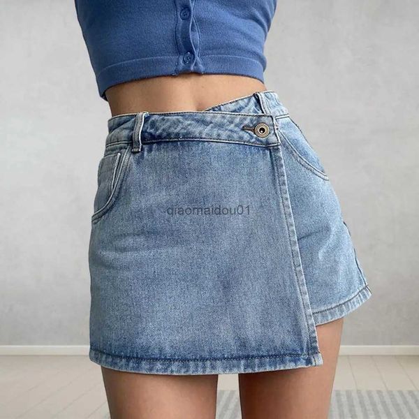 Damen-Shorts, Vintage-Mini-Jeansrock, Shorts, Damen, A-Linie, gefälschte zweiteilige hohe Taille, Bauchkontrolle, schlanke Sommer-Asymmetrische Studenten-Shorts, L2402