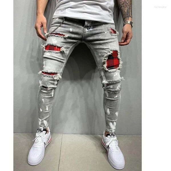 Jeans masculinos 2024 rasgado magro retalhos grade estiramento casual denim lápis calças homem moda pintura jogging calças