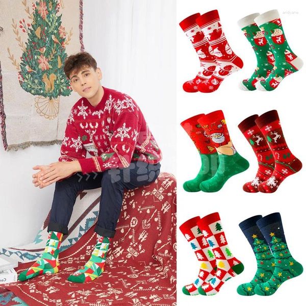 Мужские носки 2024, рождественские товары, Санта-Клаус в трубке, лось, женские носки Tree Tide, геометрический снеговик