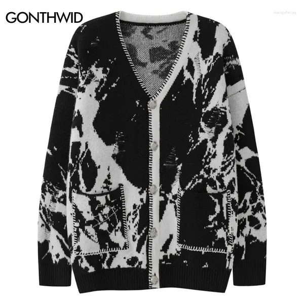 Suéter masculino hip hop rasgado buraco cardigan suéter y2k harajuku padrão de malha botão jumper casaco streetwear 2024 moda solta grossa