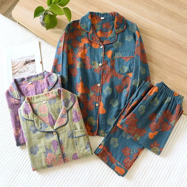 Японский весенне-осенний женский пижамный комплект из 100% хлопка, винтажные брюки с длинными рукавами, комплект из двух предметов для домашнего интерьера 240219