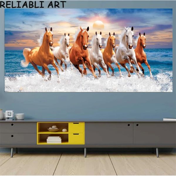 Decorazione murale in stile nordico 7 che corre cavallo bianco dipinto su tela per soggiorno moderno paesaggio lunare immagine artistica decorazioni per la casa