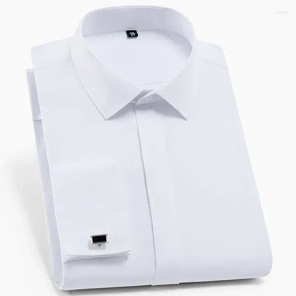 Herrenhemden, Herren-Business-Langarmhemd mit französischen Manschetten, ohne Tasche vorne, versteckte Knöpfe, Standard-Passform, formell, schlichter Manschettenknopf
