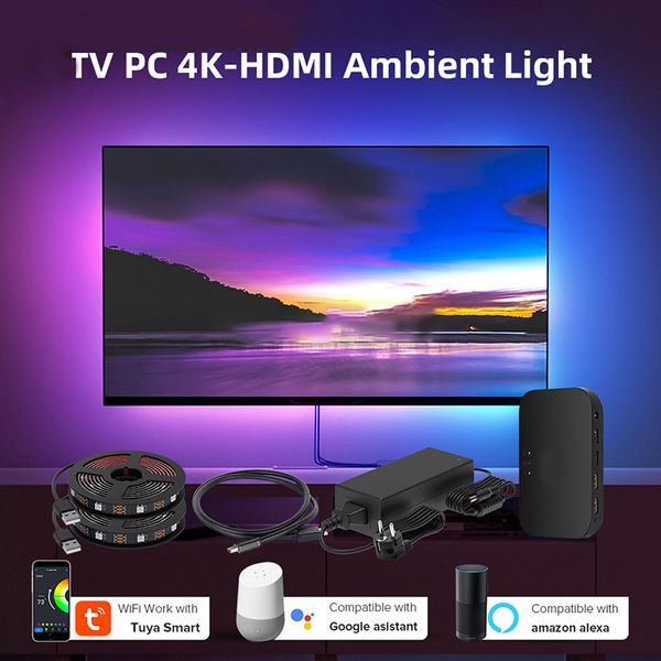 Smart ambiente tv led backlight para 4k hdmi 2.0 dispositivo caixa de sincronização led strip lâmpada monitor pc luzes traseiras kit funciona com alexa google