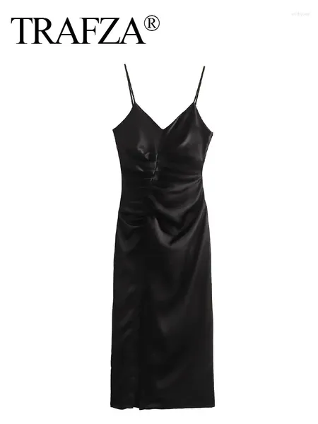 Abiti casual TRAFZA Donna elegante sexy nero con scollo a V senza maniche a pieghe decorazione fessura cerniera estate lunga donna 2024 alla moda