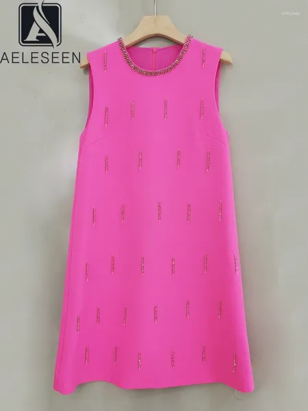 Abiti casual AELESEEN Mini abito da donna Designer Moda Estate senza maniche Rosa Rosso Nero Lusso Perline A-Line Vacanza per le vacanze