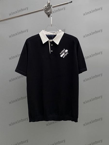 Xinxinbuy masculino designer camiseta 2024 xadrez pino de malha tecido lapela manga curta algodão feminino cinza preto branco S-XL