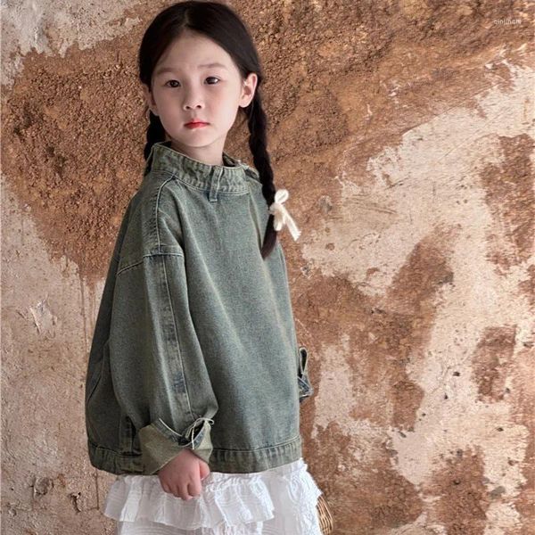 Jacken 2024 Herbst Kinder Mantel Jungen Vintage Denim Pullover Mädchen Stehen Kragen Lose Lange Hülse Hoodies