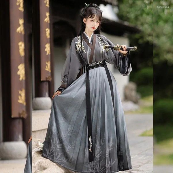 Roupas étnicas Chinês Wei e Jin Feito Hanfu Mulheres Cross Neck Bordado Manga Larga Cintura Comprimento Saia Plissada Tinta Impressa Diariamente