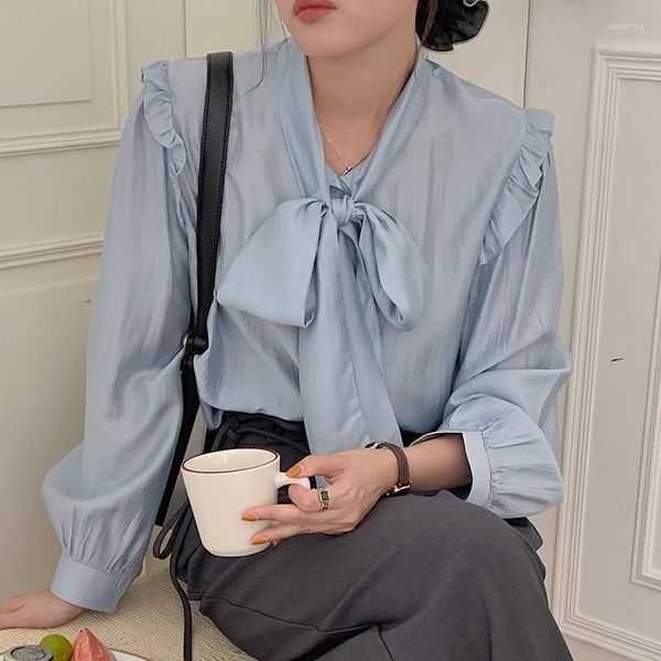Blusas femininas coreano outono camisas francesas elegante em pé pescoço fita arco design com borda de orelha de madeira solta camisa de manga longa