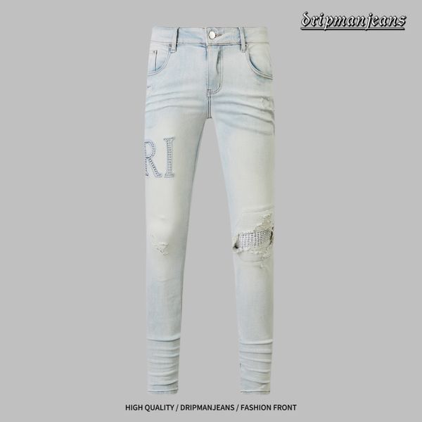 AM jeans designer de moda da moda jeans estiramento slim fit jeans rap street hiphop rasgado patch calças calças de motocicleta calças de broca jeans de gotejamento jeans de perfuração jeans skinny