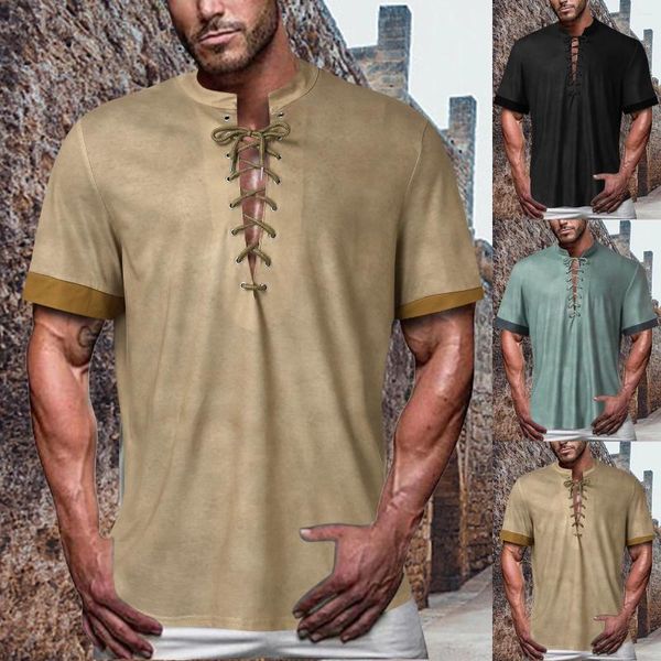Erkekler Tişörtleri 2024 Vintage Henley Gömlek V yaka Dantel Yukarı Victoria Top Kısa Kollu Büyük Boy Erkekler Harajuku Giysileri Sokak Giyim Homme