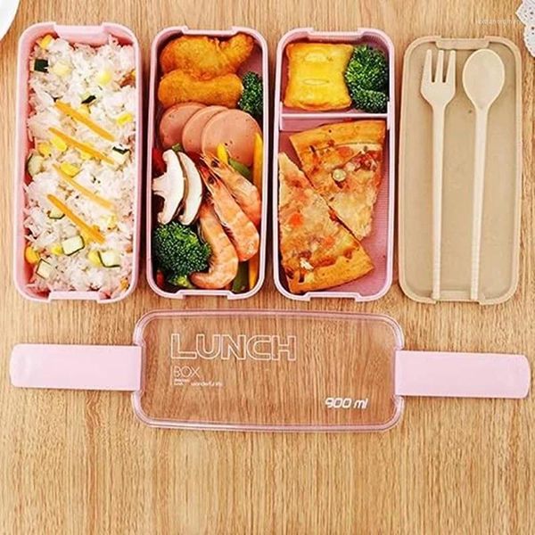 Conjuntos de louça portátil Bento Box 3 camadas almoço 900ml recipiente de armazenamento de palha de trigo varejo