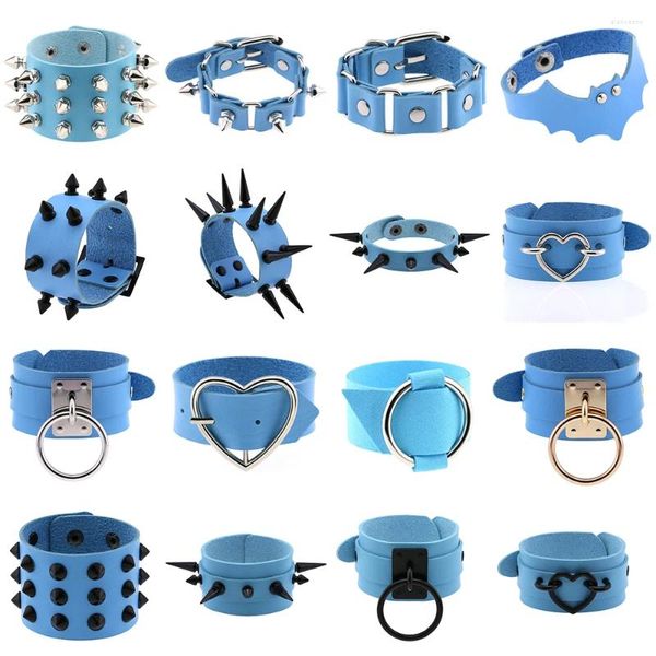 Link Pulseiras Coração Azul Punk Pu Couro Para Mulheres 80s Rebite Stud Cuff Bangle Homens Jóias Ajustáveis