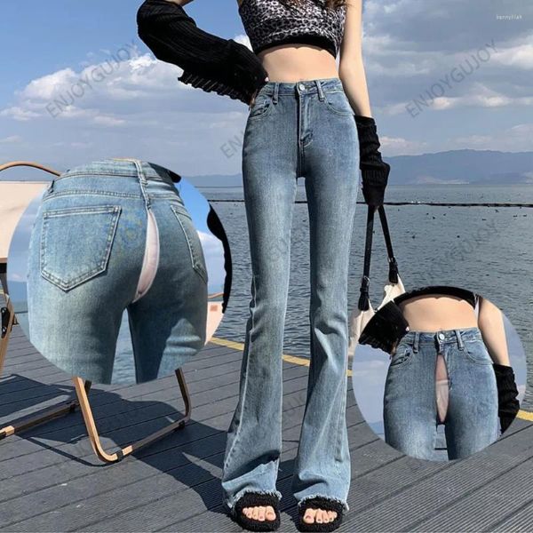 Jeans femininos invisível aberto virilha ao ar livre sexo elástico cintura alta flared slim fit retro micro calças