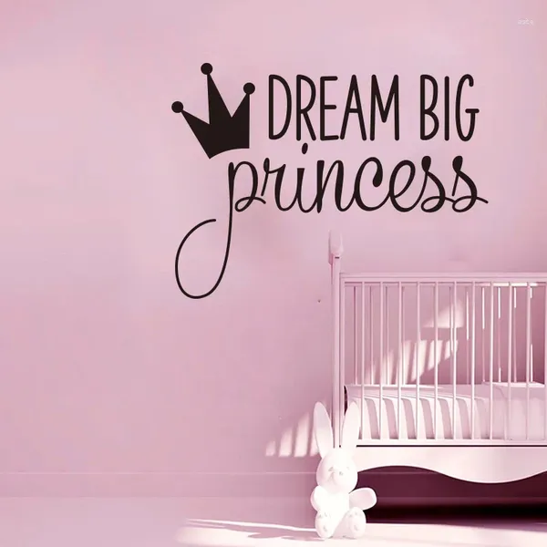 Adesivos de Parede Princesa Sonho Grande Coroa Adesivo Menina Quarto Citação Inspiradora Decalque Crianças Berçário Home Decor