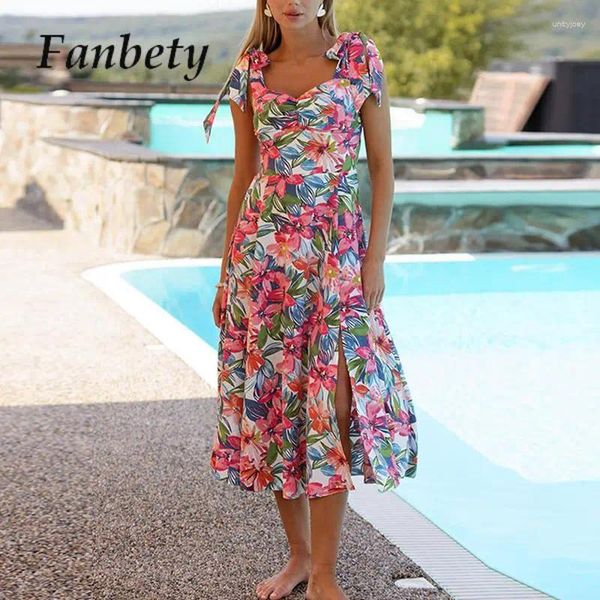 Vestidos casuais na cintura alta estampada vestido dividido sem mangas para mulheres elegantes colarinho quadrado sexy de verão polka floral bolinha fofa