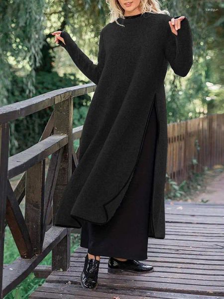 Casual Kleider Vonda 2024 Frauen Kleid Herbst Lange Pullover Vintage Sweatshirt Robe Femme Dünne Feste Split Lose Midi Vestidos Übergroßen