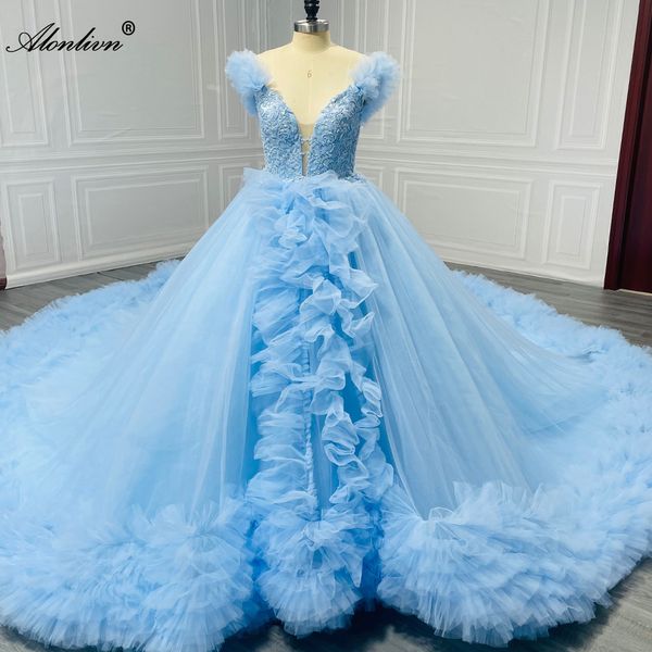 Alonlivn fotos reais elegância trem real vestido de baile vestido de casamento contas bordado rendas com decote em v vestidos de noiva de princesa